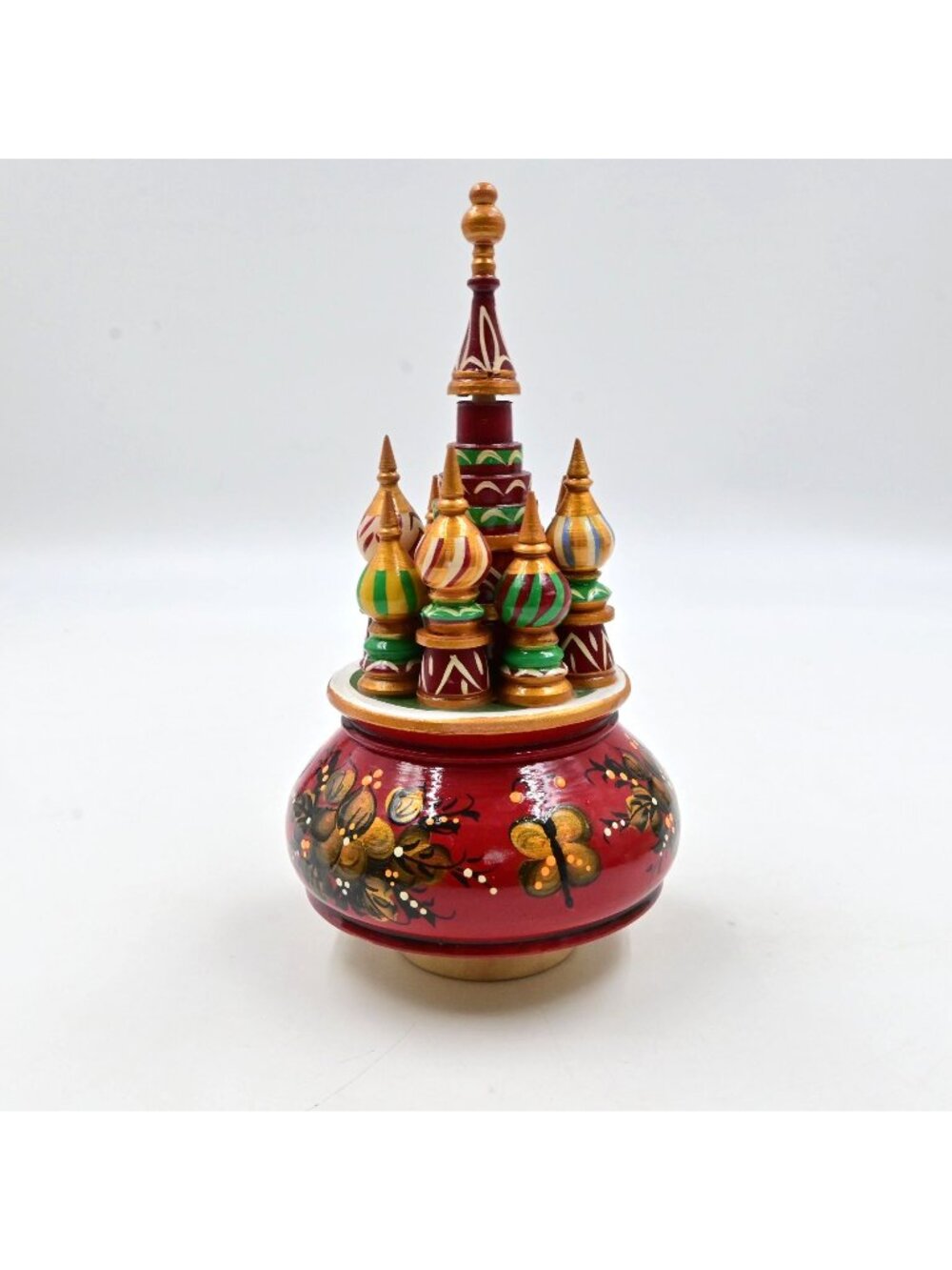 Russian Saint Basil's Cathedral Rotating Music Box Hand Painted Lacquered Wood - Picture 1 of 4